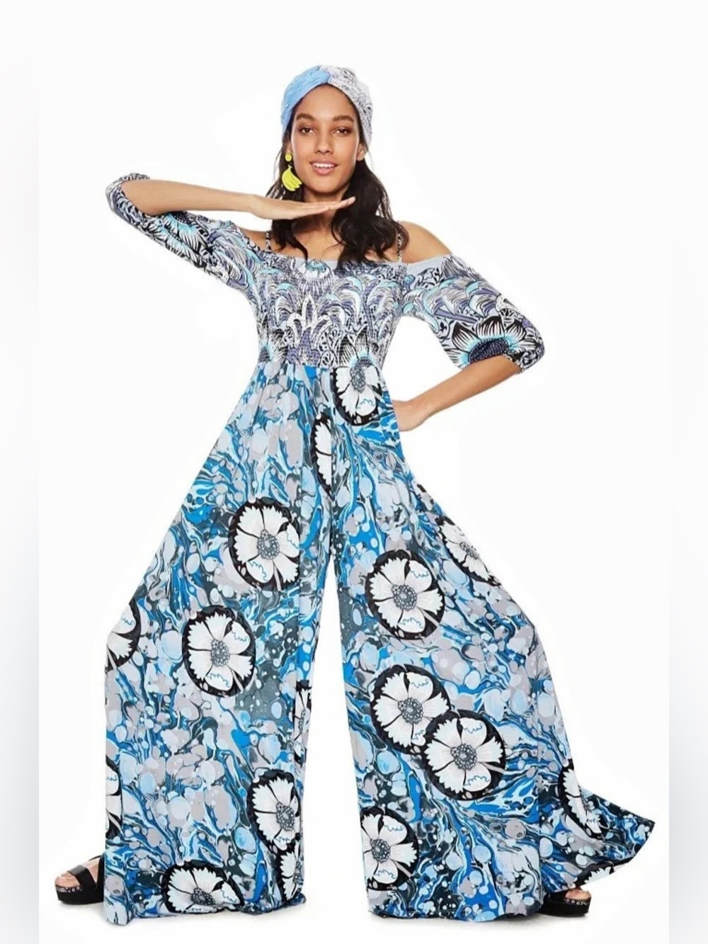 Desigual One Piece Eve Blue Floral Abstract Wide Leg Off Shoulder Jumpsuit L